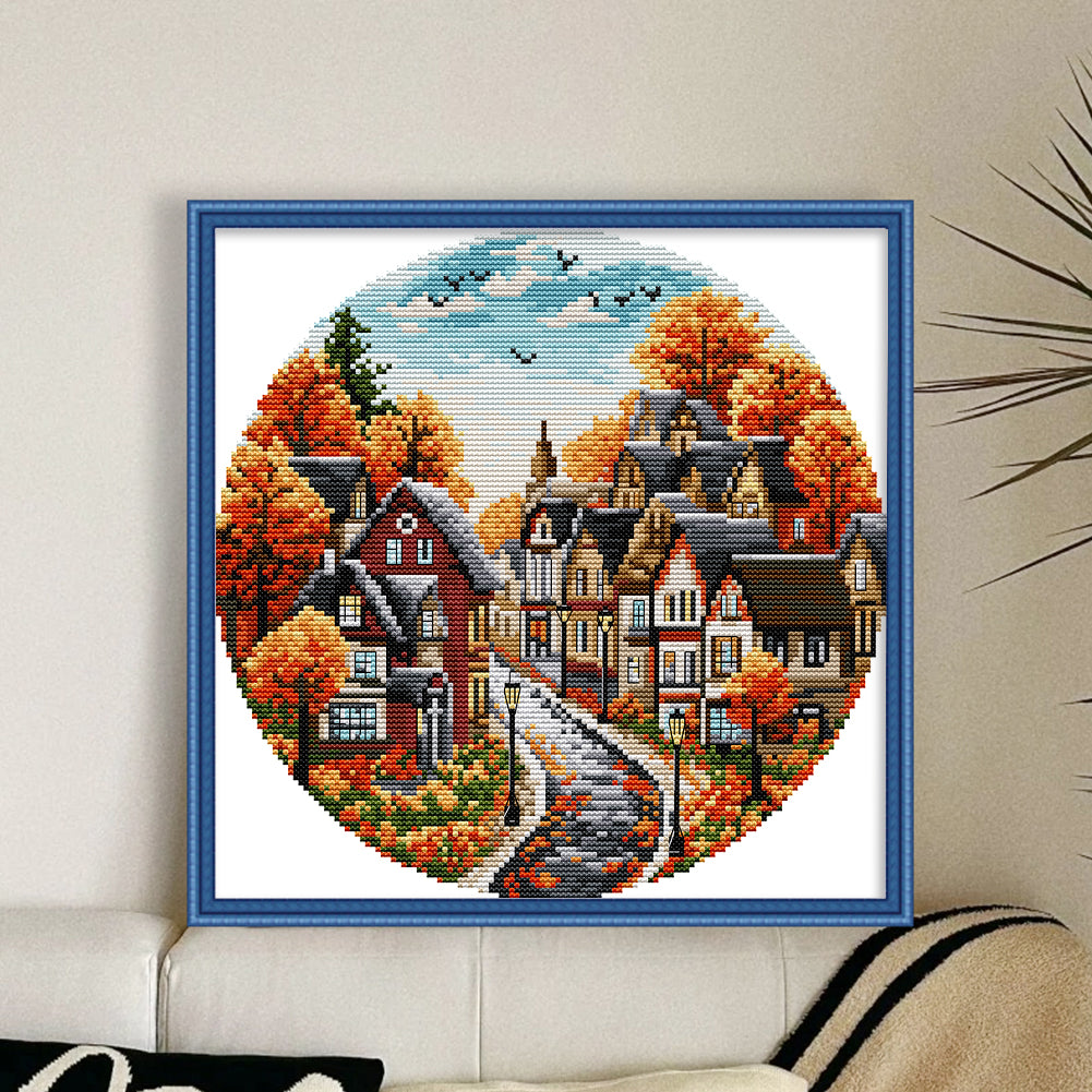 Autumn Street - Partial 14CT Stamped Cross Stitch 31x31CM - Joy Sunday Backstitch