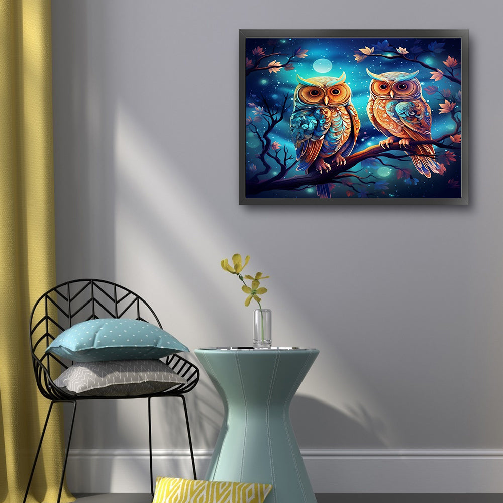 Two Owls - Full 9CT Stamped Cross Stitch - Bead Embroidery 52x40CM/20.47x15.75in