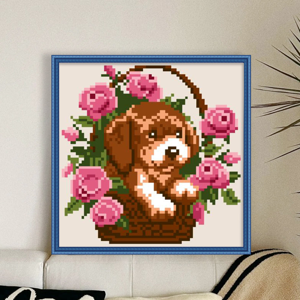 Dog with Flower Basket - Partial 9CT Stamped Cross Stitch - Bead Embroidery 18x18CM/7.09x7.09in