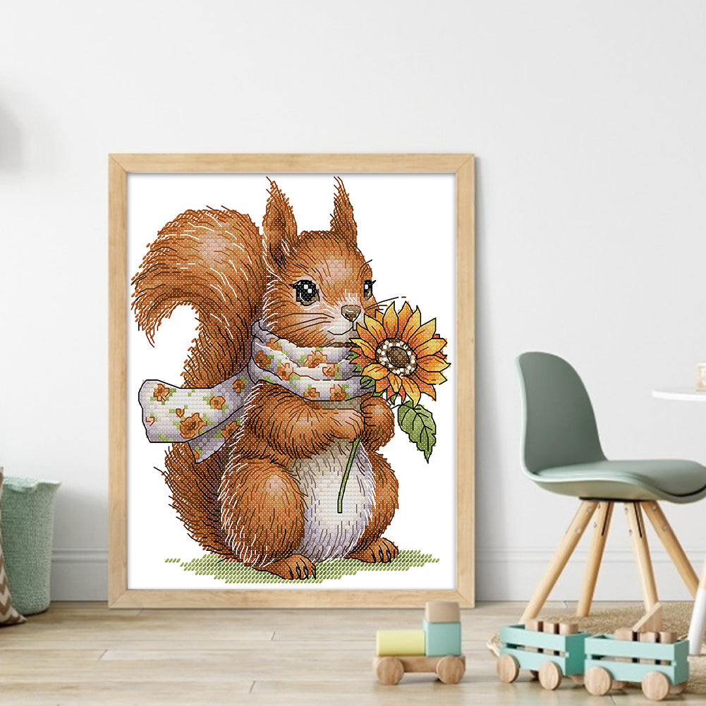 Squirrel Holding Sunflower - Partial 14CT Counted Cross Stitch 21x25CM - Joy Sunday