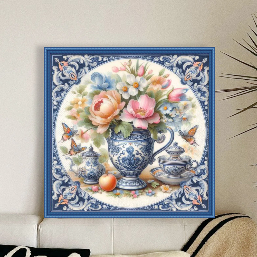 Colorful Blue And White Porcelain Vase - Full 11CT Stamped Cross Stitch 40x40CM - Huacan