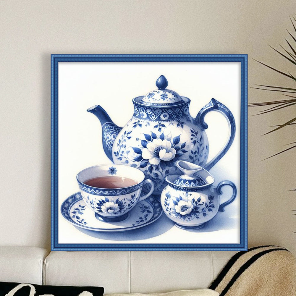 Blue And White Porcelain Tea Set - Full 11CT Stamped Cross Stitch 40x40CM - Huacan