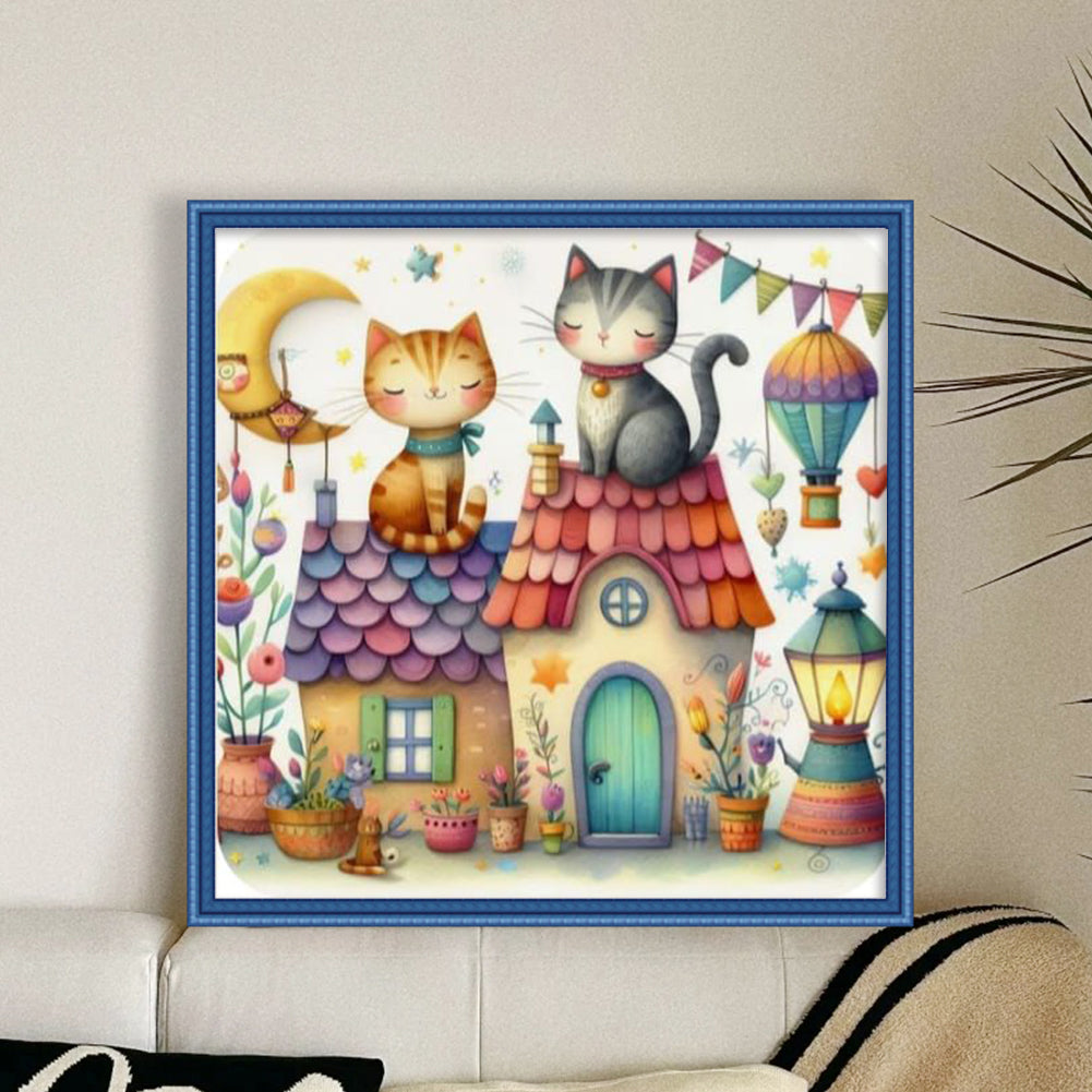 Cat And Cabin - Full 11CT Stamped Cross Stitch 40x40CM - Huacan