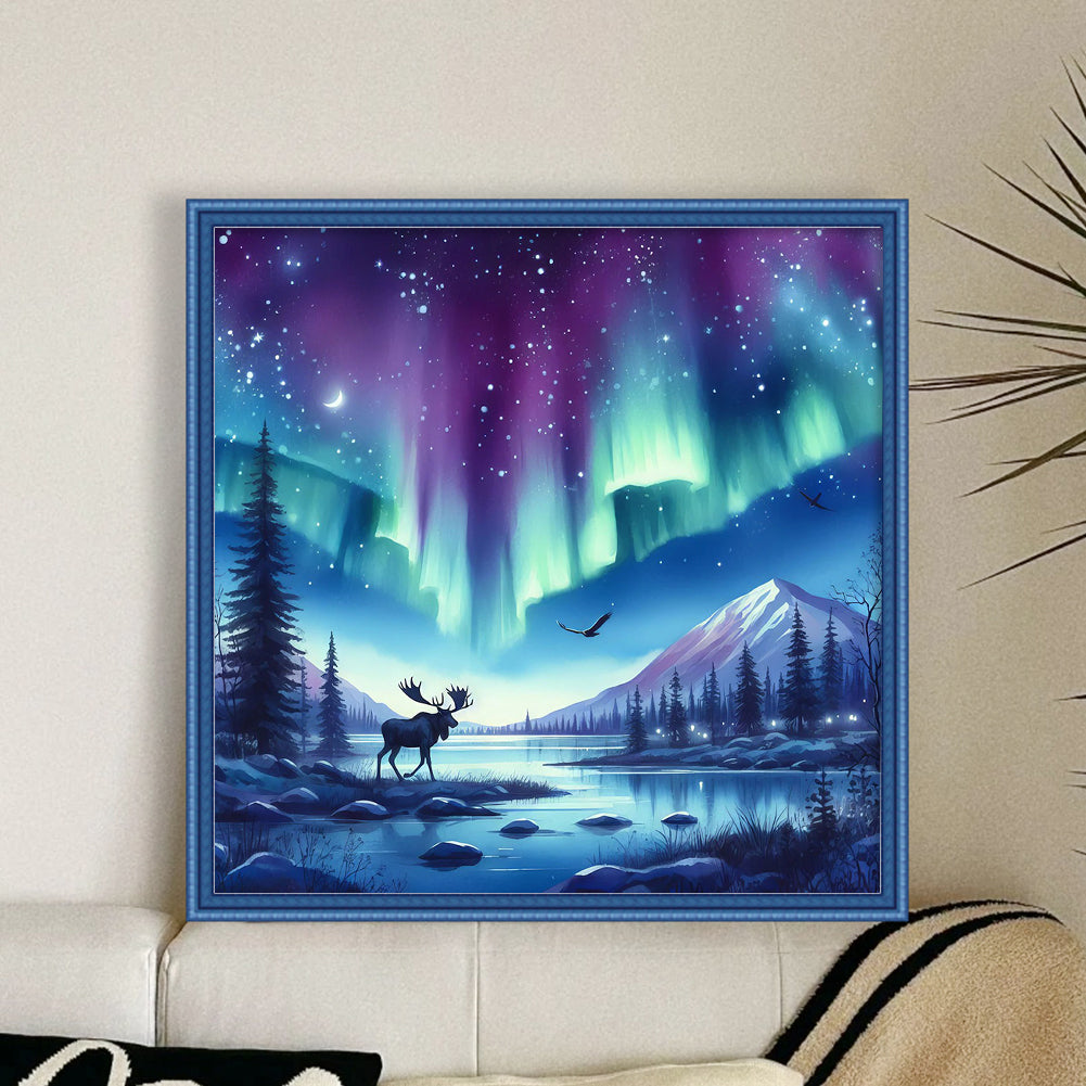 Deer Under Aurora - Full 11CT Stamped Cross Stitch 50x50CM - Yishu