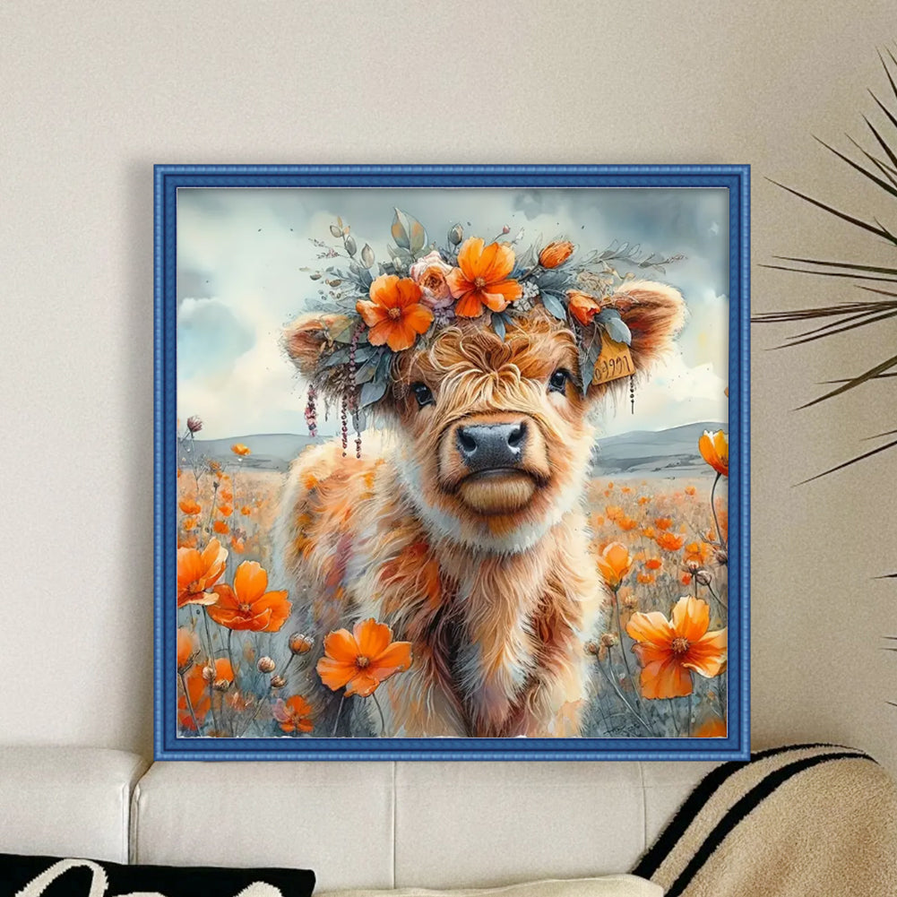 Orange Flowers And Yak - Full 11CT Stamped Cross Stitch 40x40CM - Huacan