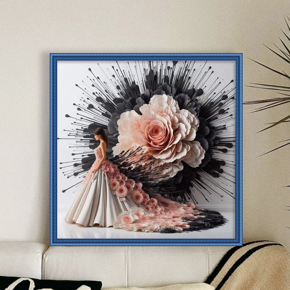 Flowers And Maiden - Full 11CT Stamped Cross Stitch 40x40CM - Huacan