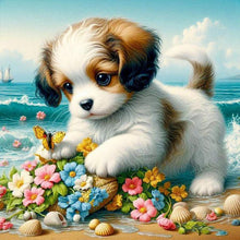Load image into Gallery viewer, Flowers And Dog On The Beach 30*30CM(Canvas) Full Round Drill Diamond Painting