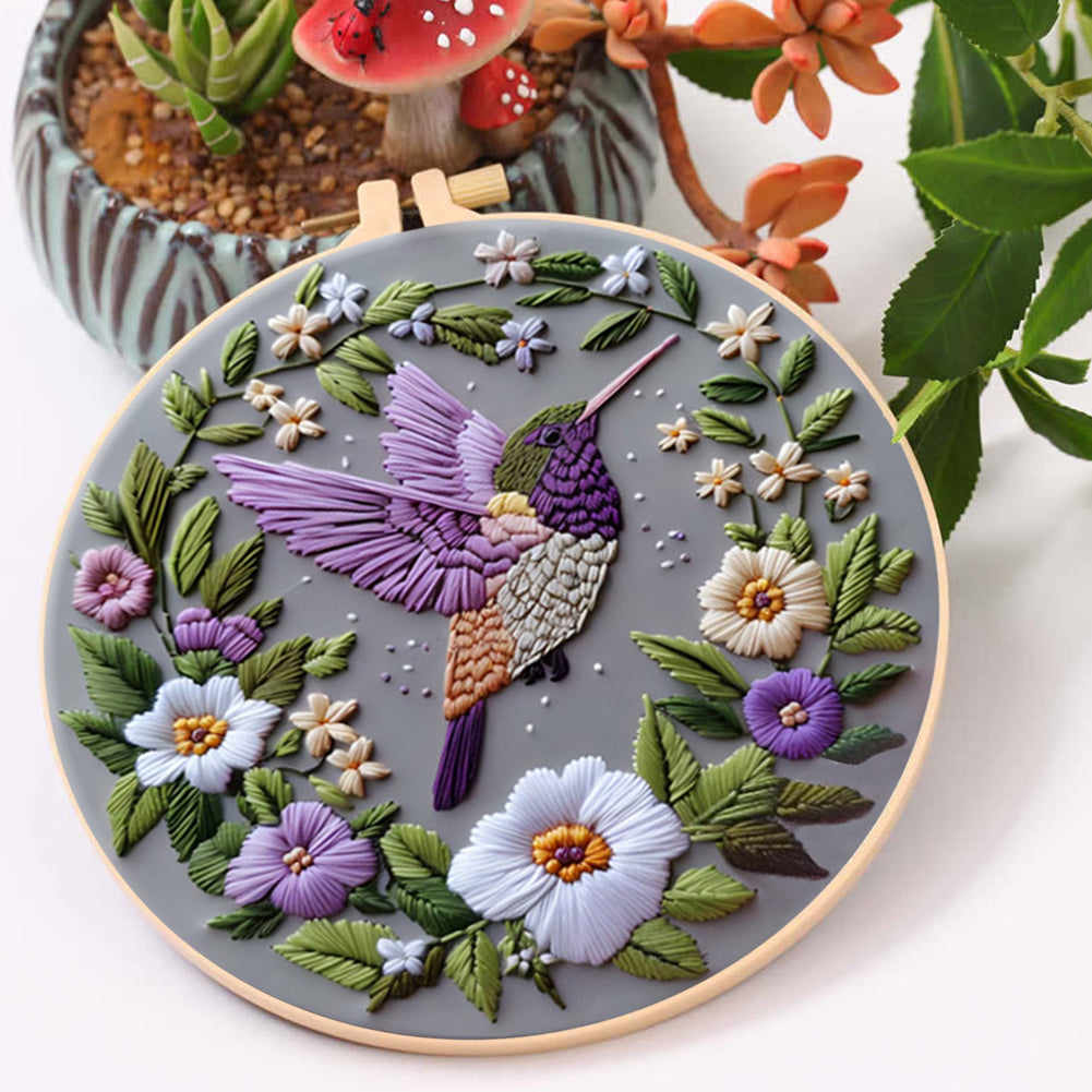 Flowers & Hummingbirds - DIY Embroidery Cross Stitch Kit with Pattern Cotton Threads Needles Hoop 30x30CM/11.81x11.81in