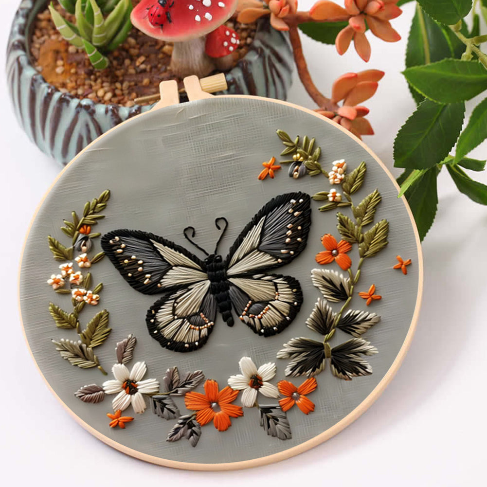Flowers & Butterflies - DIY Embroidery Cross Stitch Kit with Pattern Cotton Threads Needles Hoop 30x30CM/11.81x11.81in