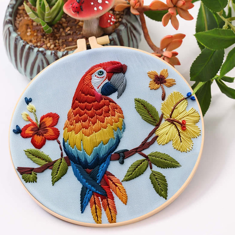 Flowers & Parrots - DIY Embroidery Cross Stitch Kit with Pattern Cotton Threads Needles Hoop 30x30CM/11.81x11.81in