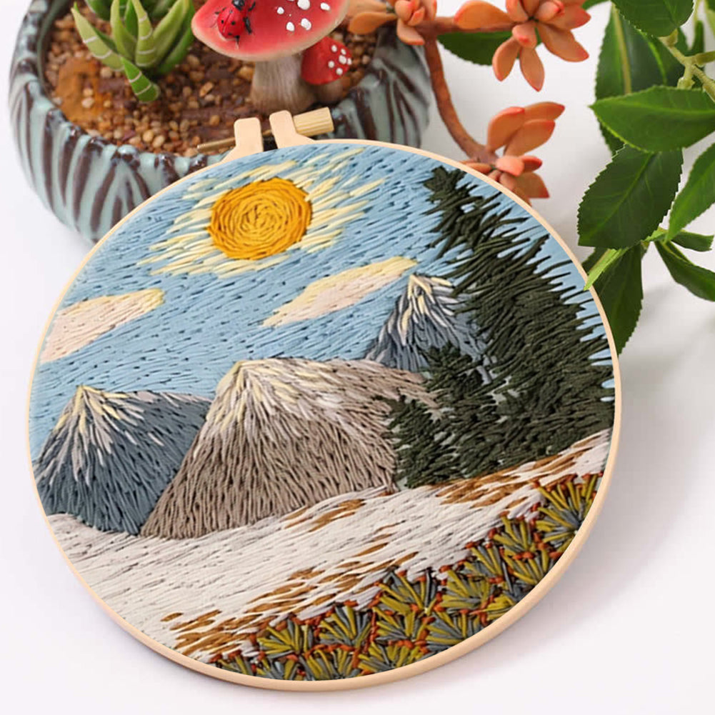 Mountain Scenery - DIY Embroidery Cross Stitch Kit with Pattern Cotton Threads Needles Hoop 30x30CM/11.81x11.81in