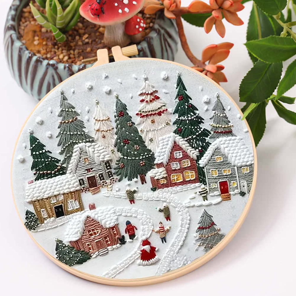 Christmas Cottage - DIY Embroidery Cross Stitch Kit with Pattern Cotton Threads Needles Hoop 30x30CM/11.81x11.81in