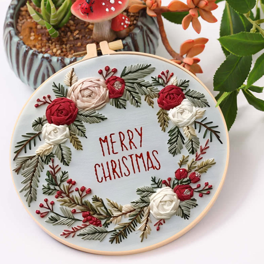Christmas Wreath - DIY Embroidery Cross Stitch Kit with Pattern Cotton Threads Needles Hoop 30x30CM/11.81x11.81in