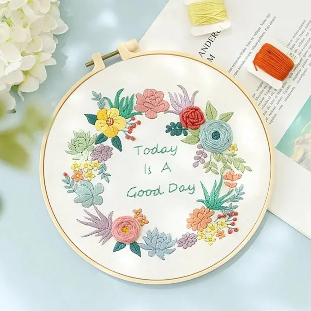 Fresh Style Wreath - DIY Embroidery Cross Stitch Kit with Pattern Cotton Threads Needles Hoop 30x30CM/11.81x11.81in