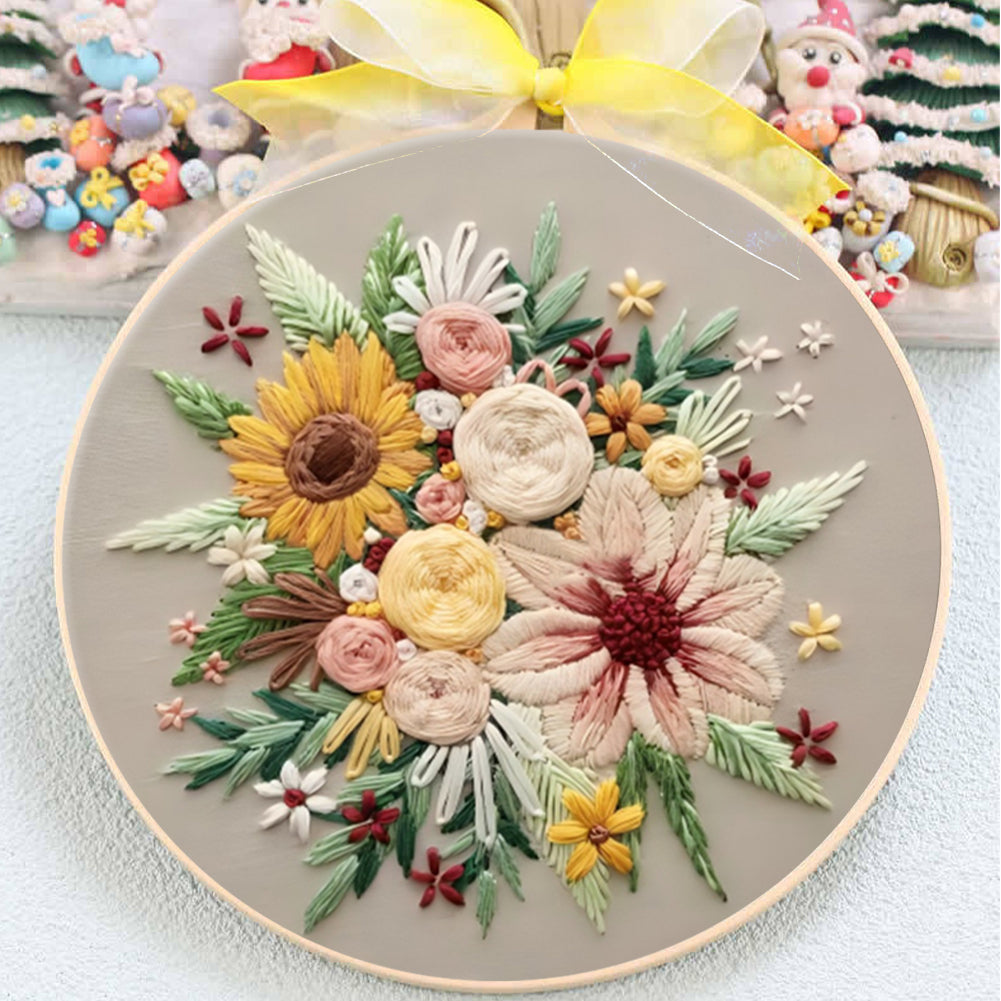 4PCS Flowers In Full Bloom - DIY Embroidery Cross Stitch Kit with Pattern Cotton Threads Needles Hoop 30x30CM/11.81x11.81in
