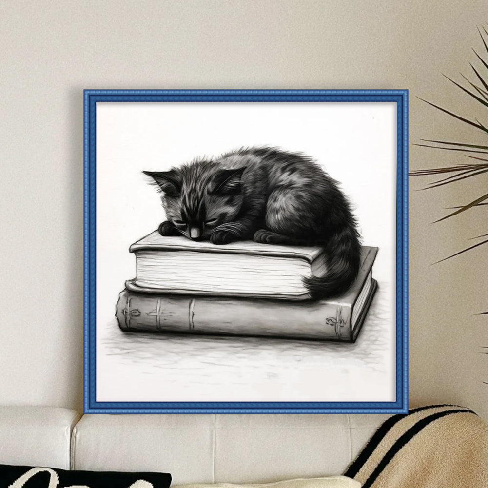 Black Cat On Book - Full 11CT Stamped Cross Stitch 40x40CM - Diy