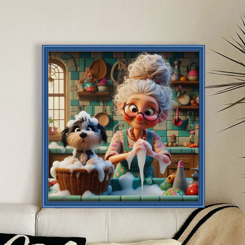 Grandma Bathing Dog - Full 11CT Stamped Cross Stitch 50x50CM - Huacan