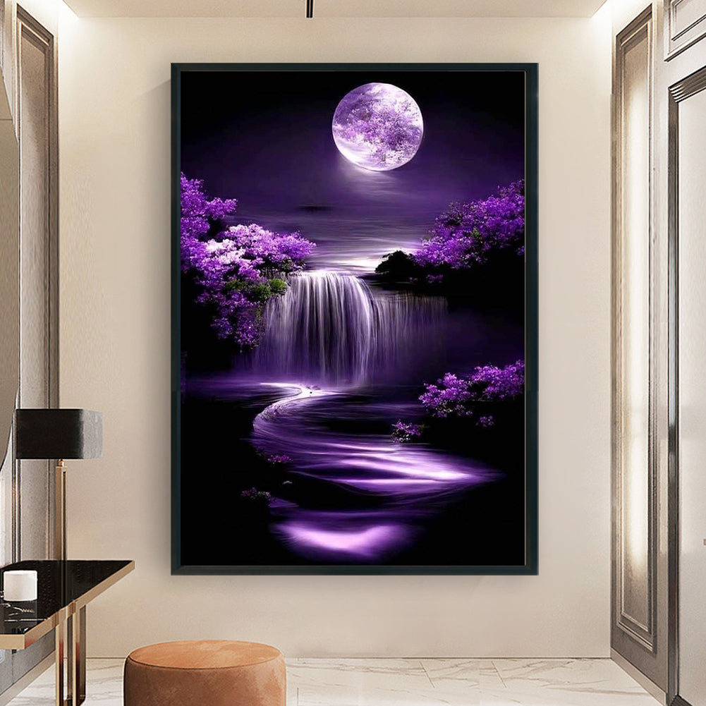 Purple Full Moon And Waterfall - Full 14CT Stamped Cross Stitch 40x60CM - Huacan