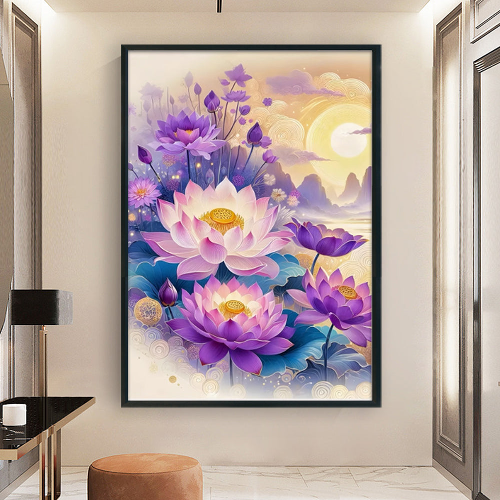 Purple Lotus - Full 9CT Stamped Cross Stitch - Bead Embroidery 44x64CM/17.32x25.20in