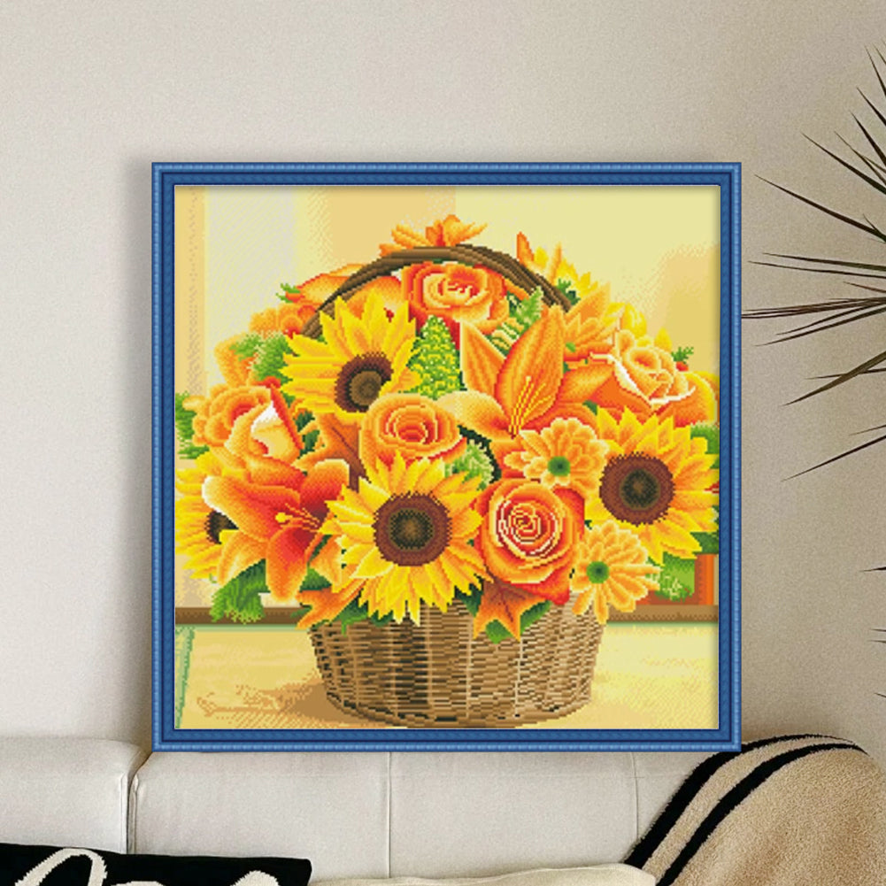 Sunflower Flower Basket - Full 9CT Stamped Cross Stitch - Bead Embroidery 40x40CM/15.75x15.75in