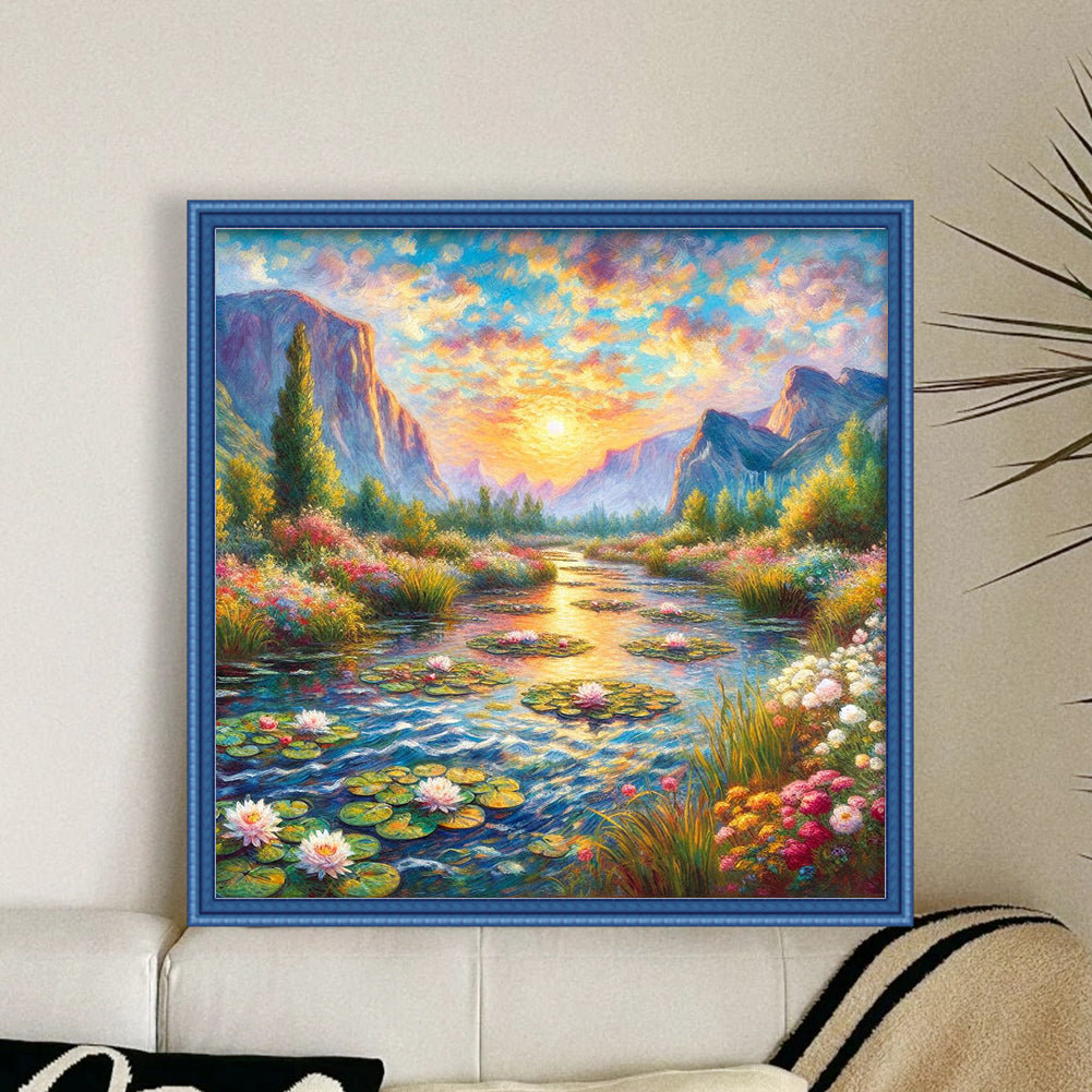 Lotus Pond At Sunset - Full 11CT Stamped Cross Stitch 50x50CM - Yishu