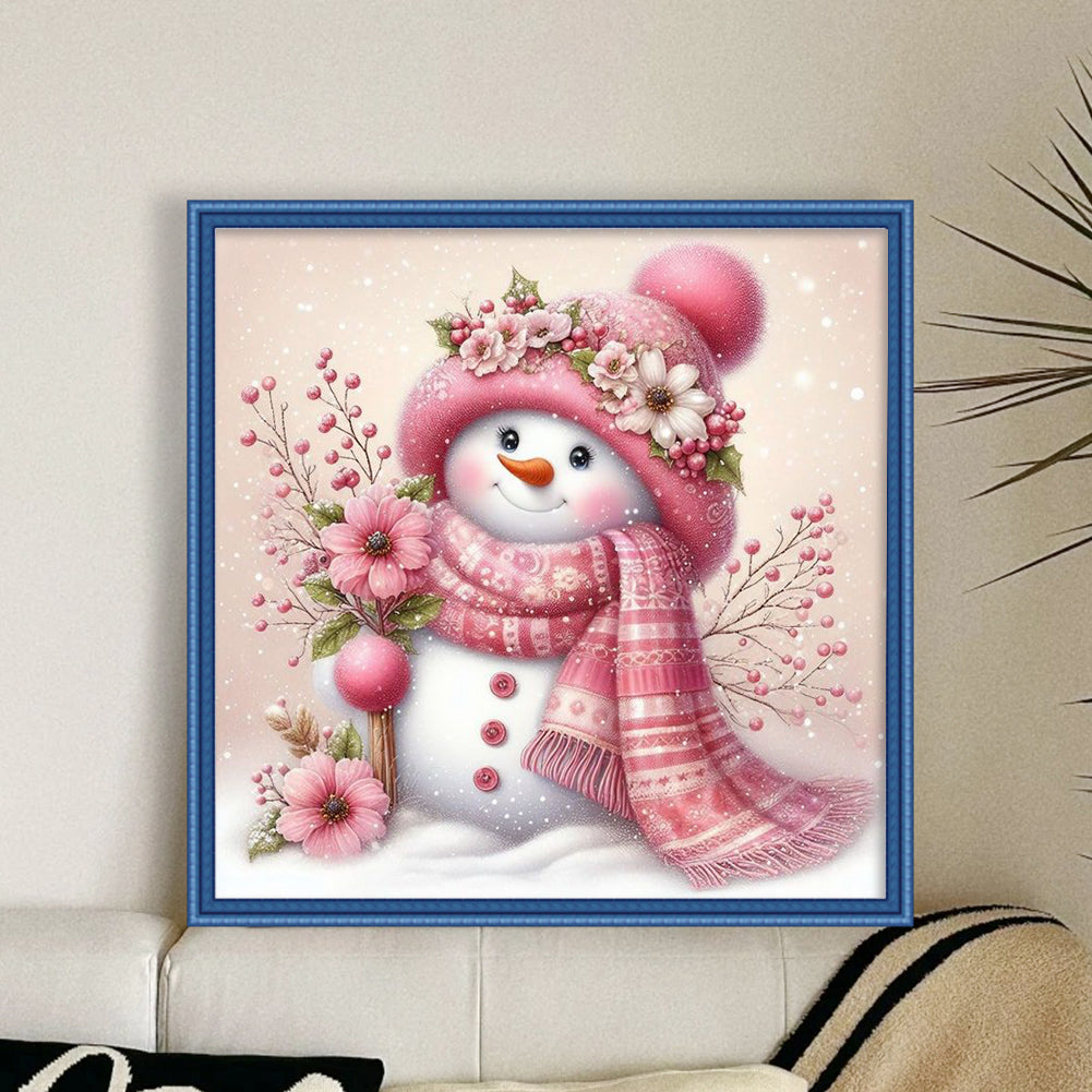 Pink Cute Snowman - Full 11CT Stamped Cross Stitch 45x45CM - Yishu