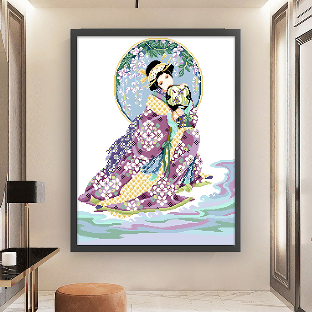 Japanese Maiden - Partial 9CT Stamped Cross Stitch - Bead Embroidery 54x66CM/21.26x25.98in