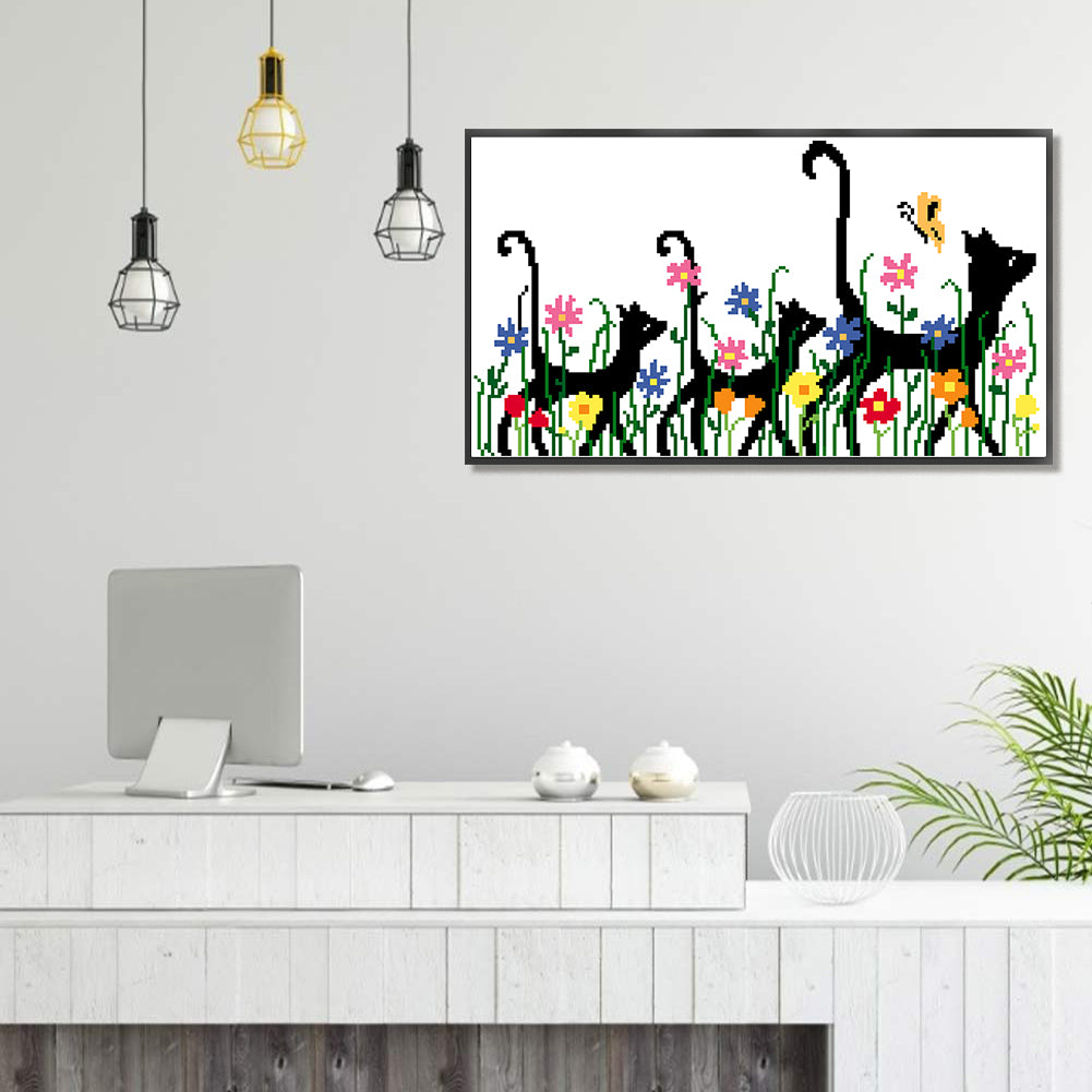 Three Cats - Partial 9CT Stamped Cross Stitch - Bead Embroidery 48x28CM/18.90x11.02in