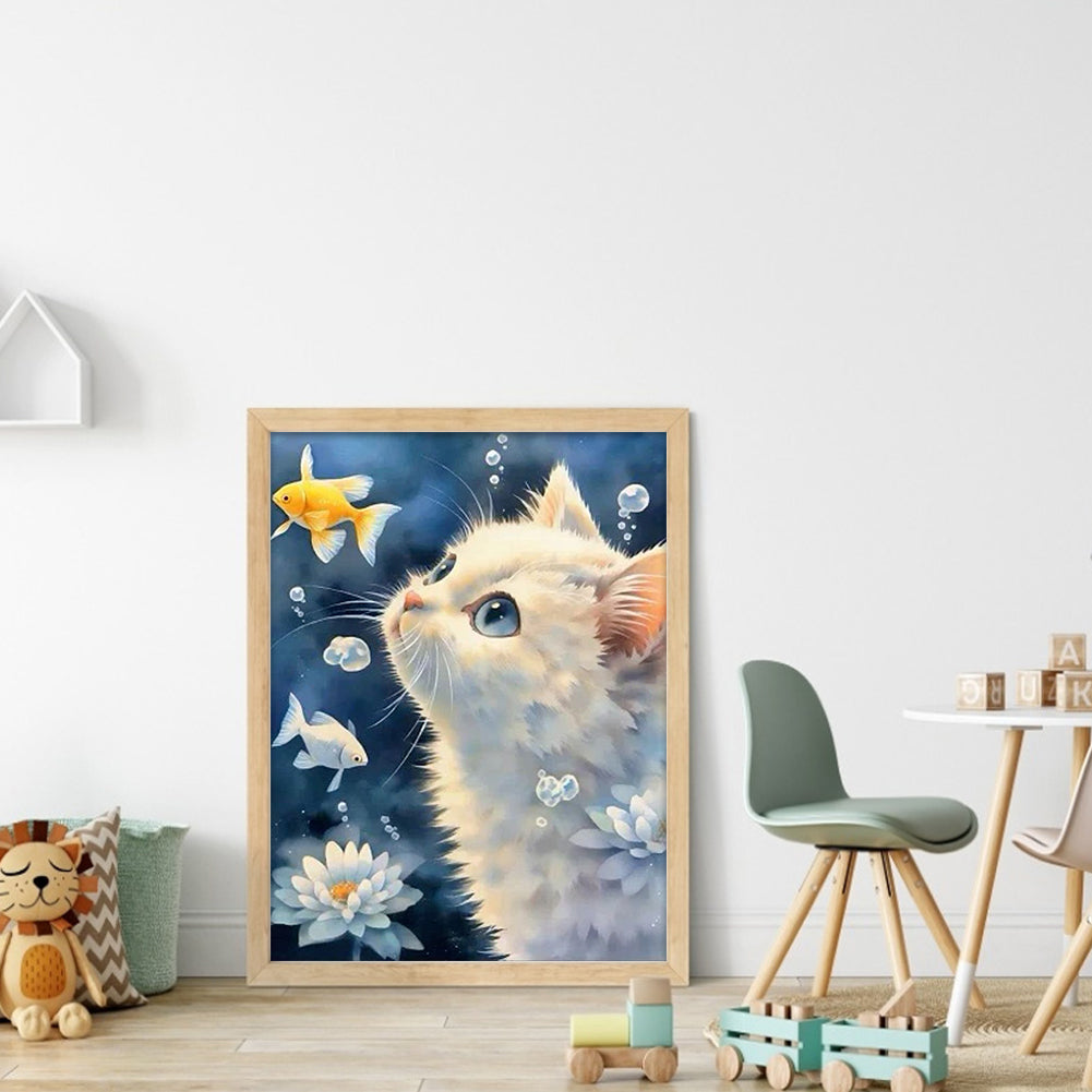 White Cat Watching Fish - Full 11CT Stamped Cross Stitch 40x53CM - Yishu