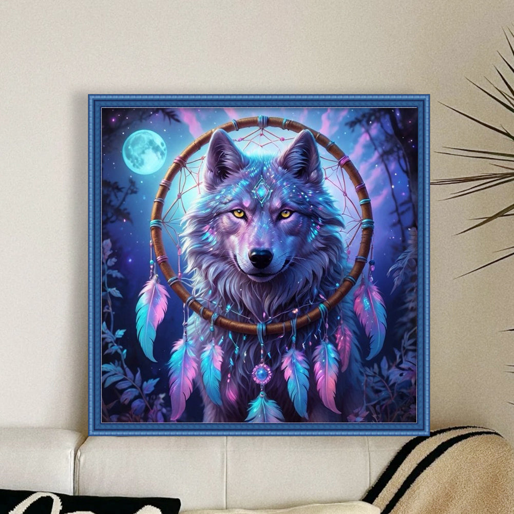 Purple Wolf Dreamcatcher - Full 14CT Stamped Cross Stitch 50x50CM - Huacan