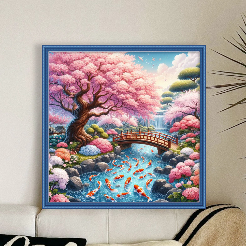 Koi Under Cherry Blossom Tree - Full 14CT Stamped Cross Stitch 50x50CM - Huacan