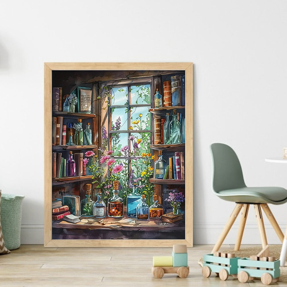 Bookshelf By Window - Full 11CT Stamped Cross Stitch 40x50CM - Huacan