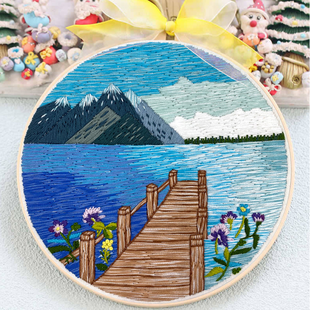 Lake & Mountain Scenery - DIY Embroidery Cross Stitch Kit with Pattern Cotton Threads Needles Hoop 30x30CM/11.81x11.81in