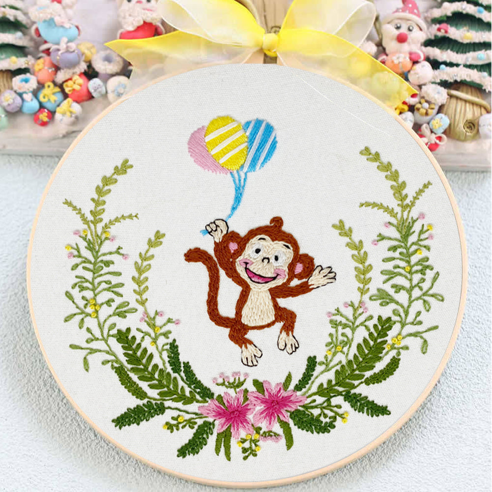 Playful Monkey - DIY Embroidery Cross Stitch Kit with Pattern Cotton Threads Needles Hoop 30x30CM/11.81x11.81in
