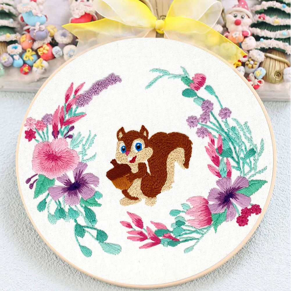 Cute Squirrel - DIY Embroidery Cross Stitch Kit with Pattern Cotton Threads Needles Hoop 30x30CM/11.81x11.81in