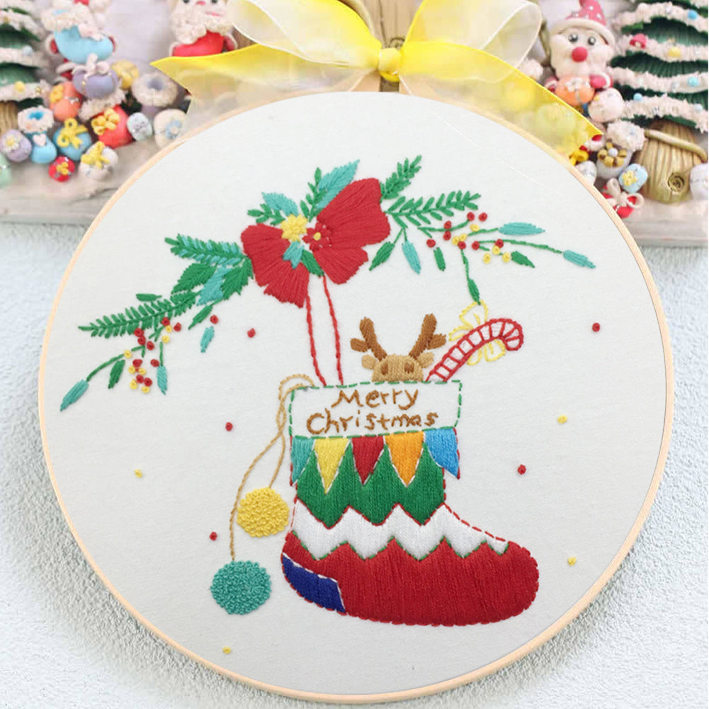 Elk Christmas Stocking - DIY Embroidery Cross Stitch Kit with Pattern Cotton Threads Needles Hoop 30x30CM/11.81x11.81in