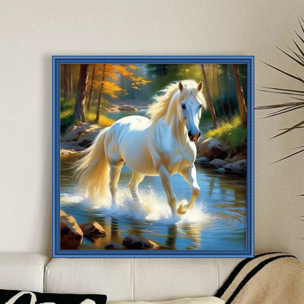 White Horse Walking In Water - Full 11CT Stamped Cross Stitch 40x40CM - Yishu