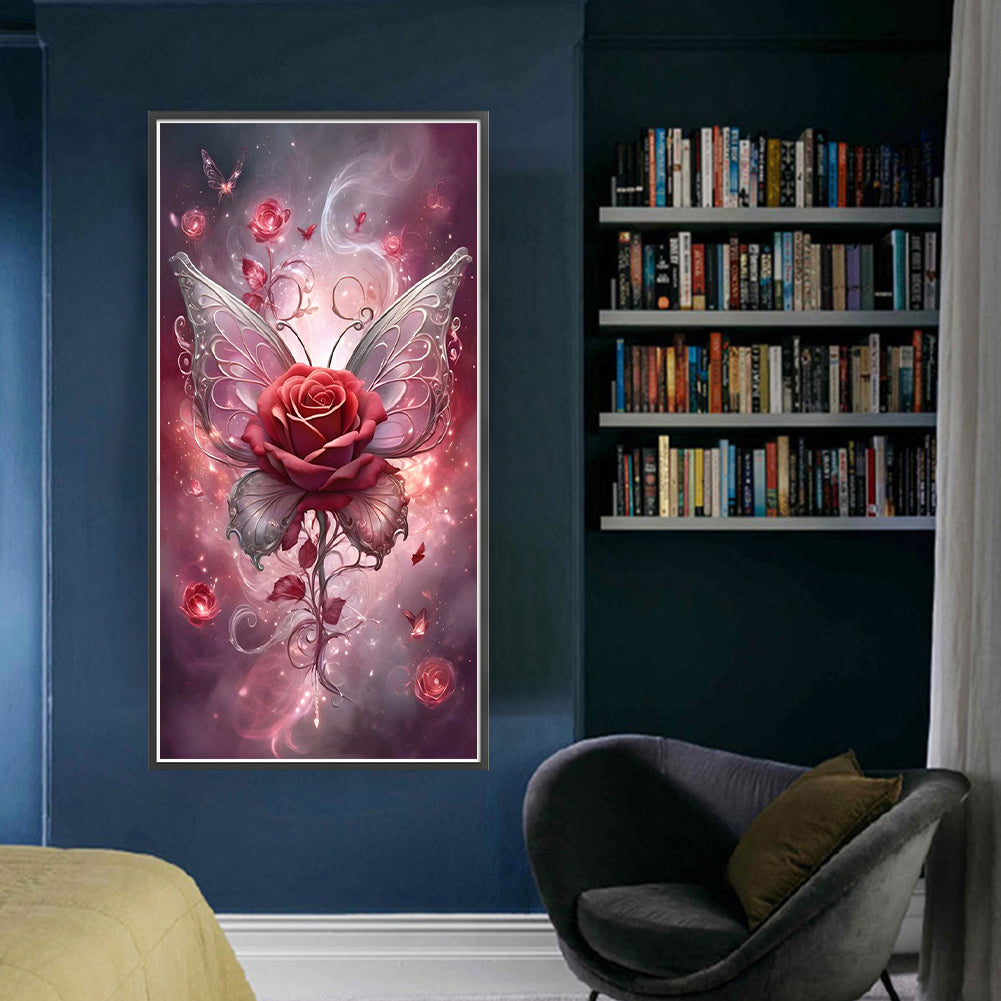 Red Butterfly And Rose - Full 11CT Stamped Cross Stitch 40x80CM - Yishu