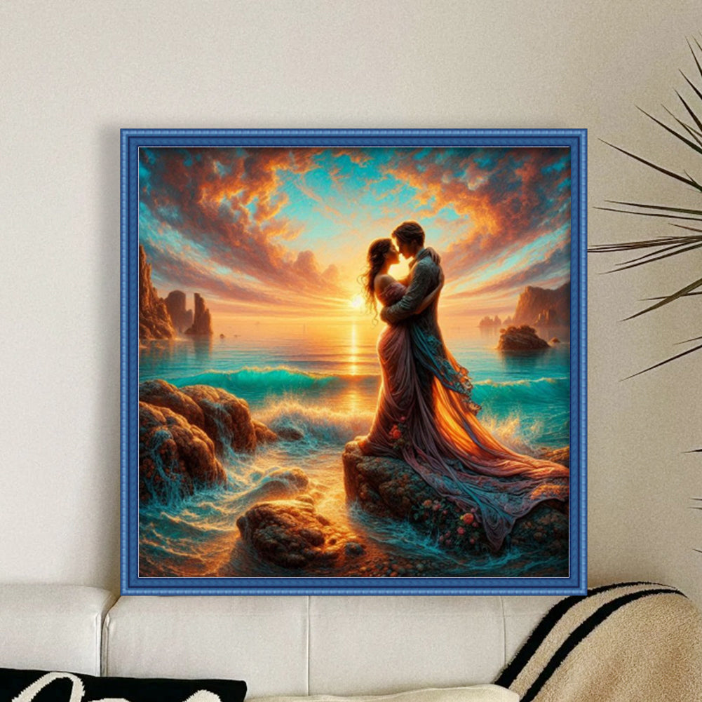 Lovers By The Sea - Full 11CT Stamped Cross Stitch 40x40CM - Huacan