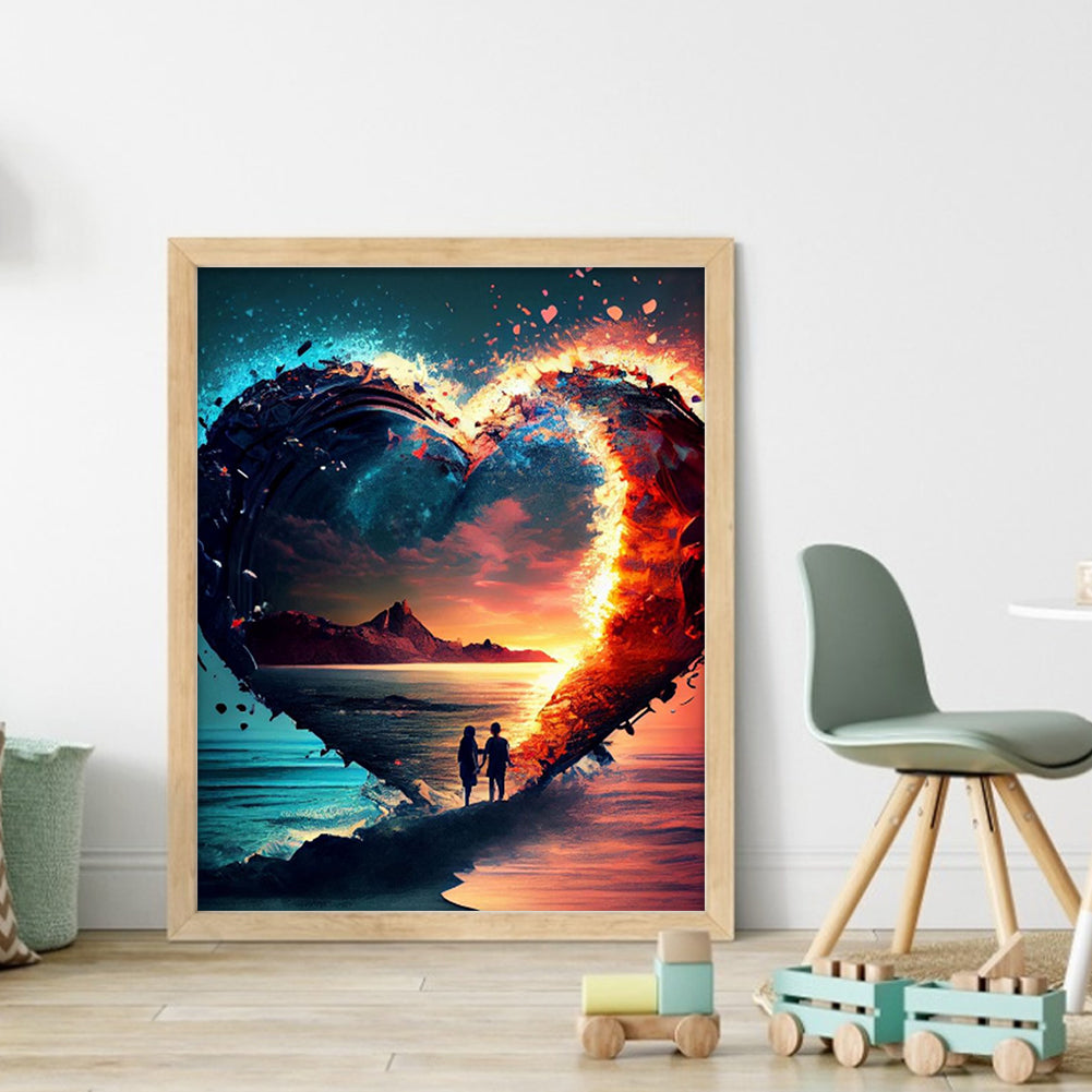 Lovers With Heart On Beach - Full 11CT Stamped Cross Stitch 40x50CM - Huacan