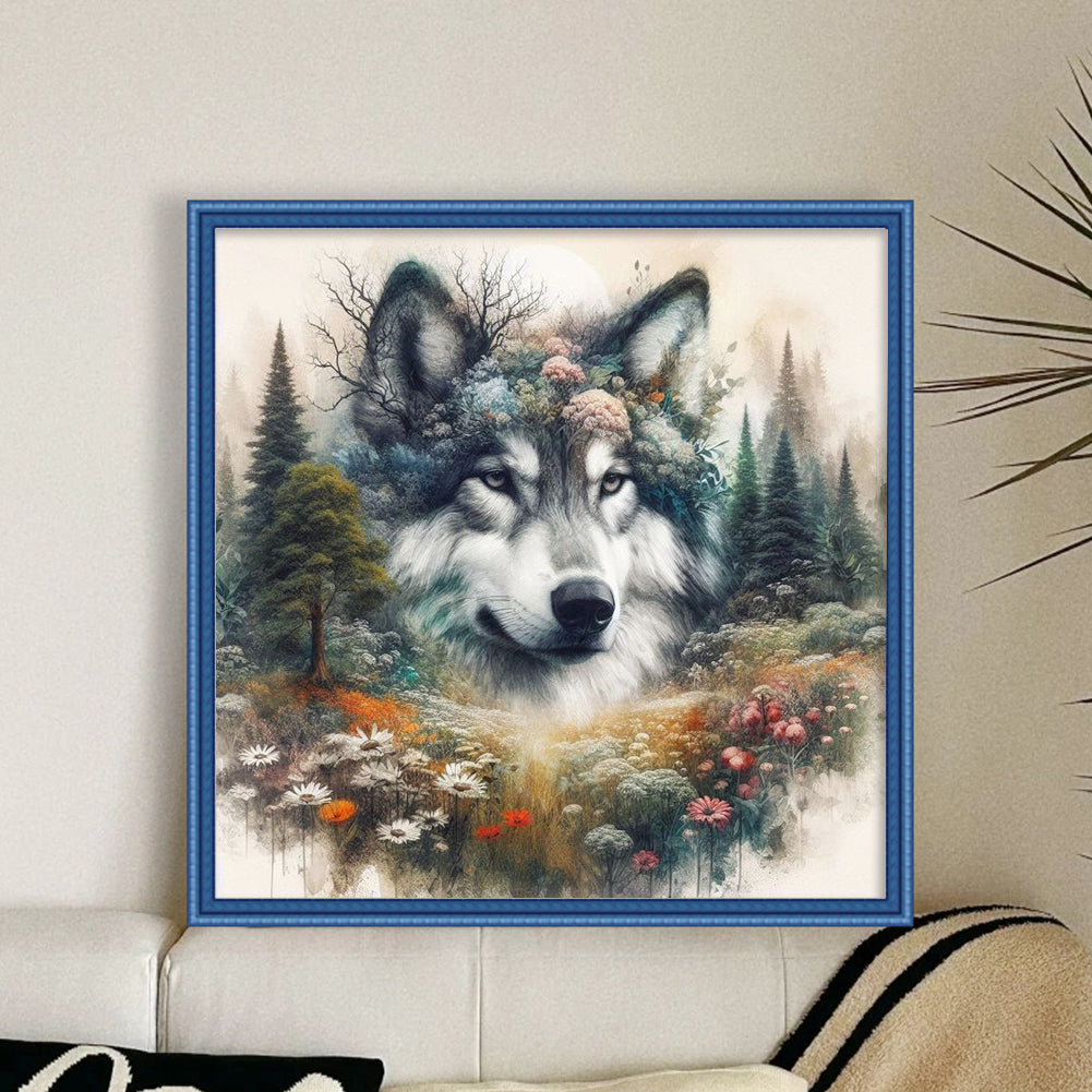 Wolf Silhouette - Full 11CT Stamped Cross Stitch 45x45CM - Huacan