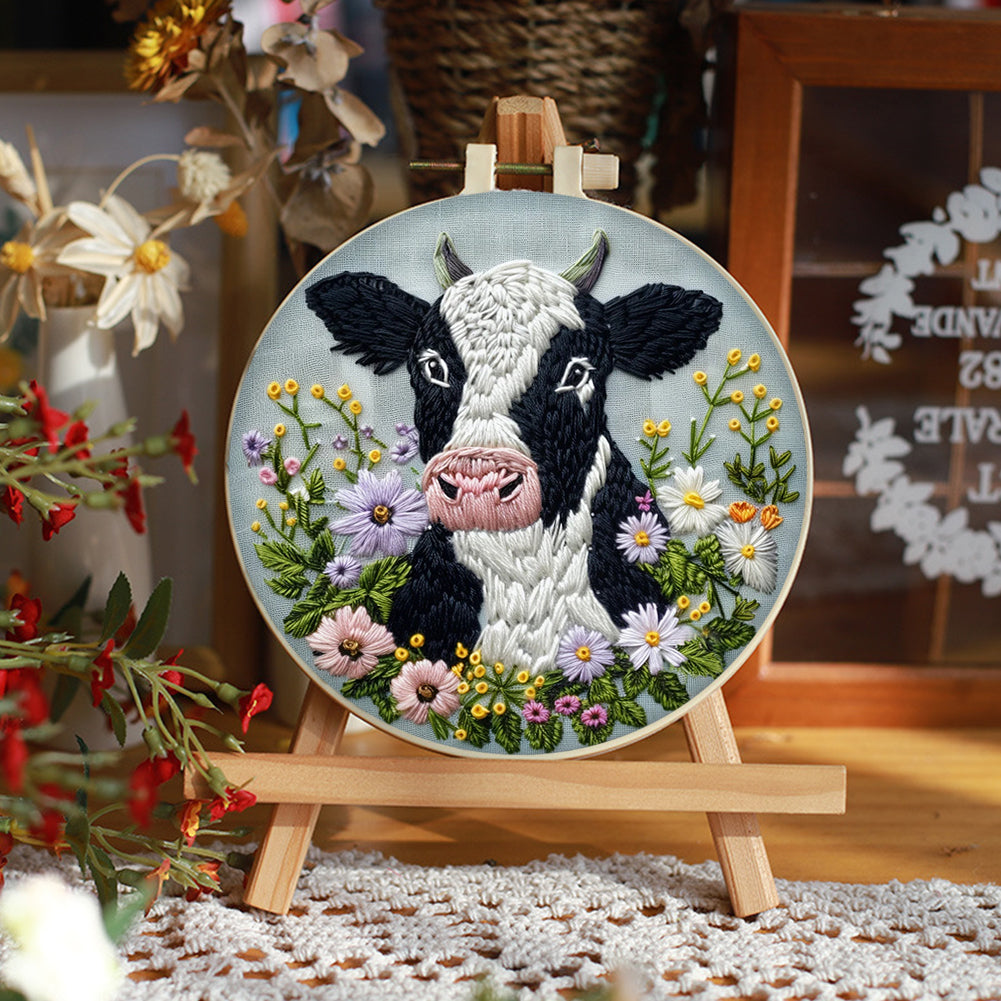 Cow - DIY Embroidery Cross Stitch Kit with Pattern Cotton Threads Needles Hoop 30x30CM/11.81x11.81in