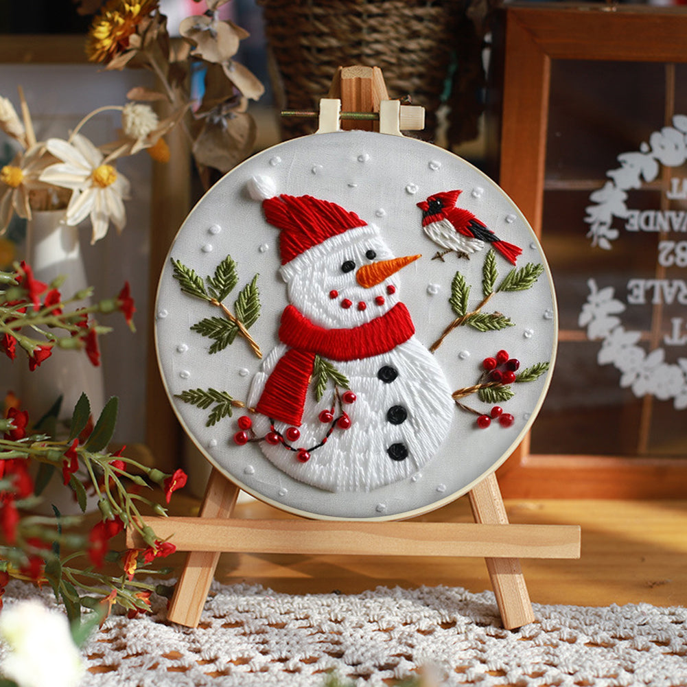 Snowman & Birds - DIY Embroidery Cross Stitch Kit with Pattern Cotton Threads Needles Hoop 25x25CM/9.84x9.84in