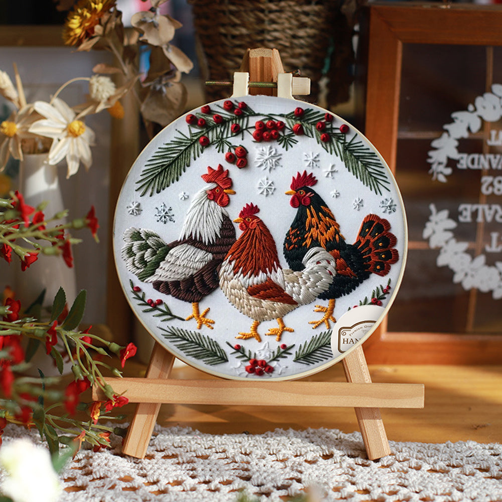 Three Chickens - DIY Embroidery Cross Stitch Kit with Pattern Cotton Threads Needles Hoop 25x25CM/9.84x9.84in