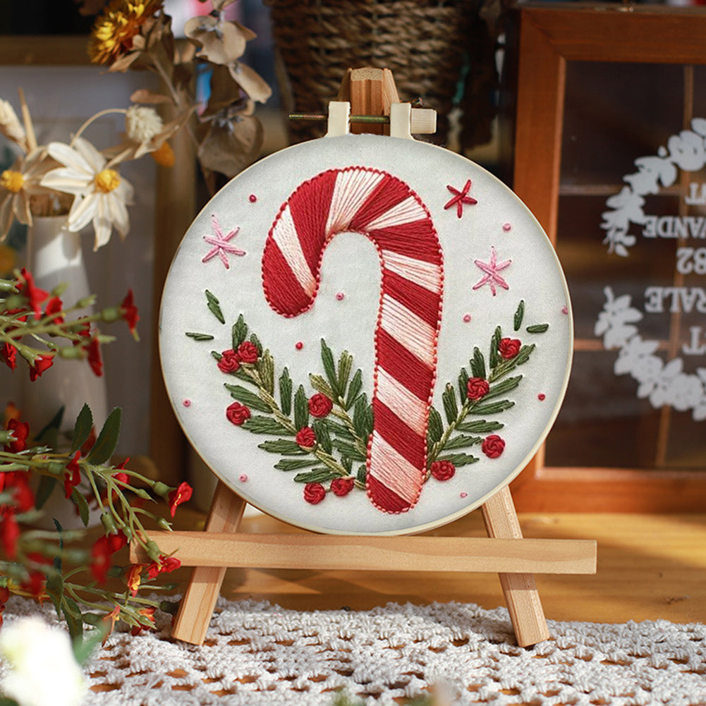 Candy Cane - DIY Embroidery Cross Stitch Kit with Pattern Cotton Threads Needles Hoop 25x25CM/9.84x9.84in