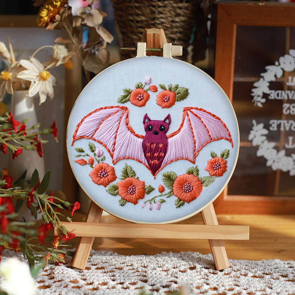 Pink Flower & Bat - DIY Embroidery Cross Stitch Kit with Pattern Cotton Threads Needles Hoop 25x25CM/9.84x9.84in
