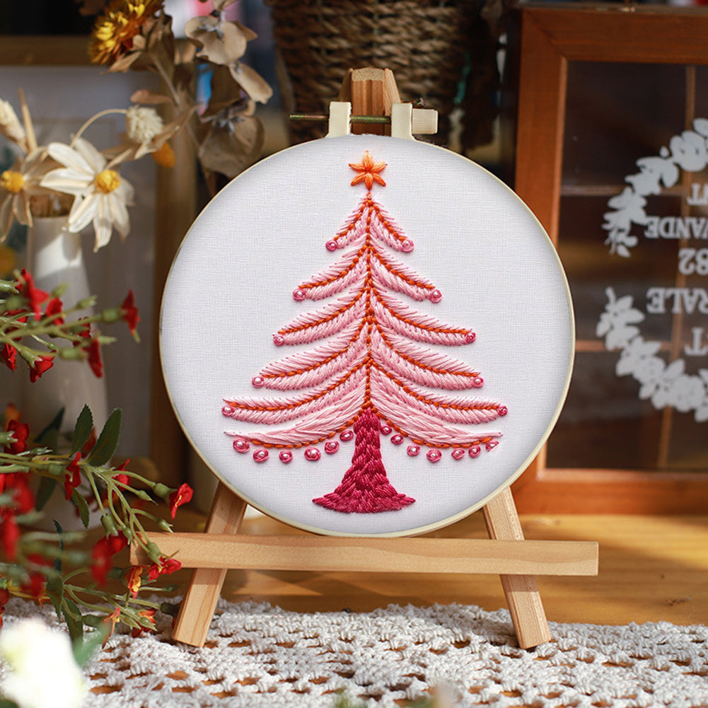 Pink Christmas Tree - DIY Embroidery Cross Stitch Kit with Pattern Cotton Threads Needles Hoop 25x25CM/9.84x9.84in