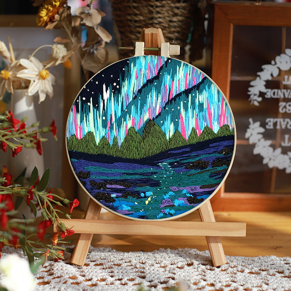 Blue Aurora - DIY Embroidery Cross Stitch Kit with Pattern Cotton Threads Needles Hoop 30x30CM/11.81x11.81in
