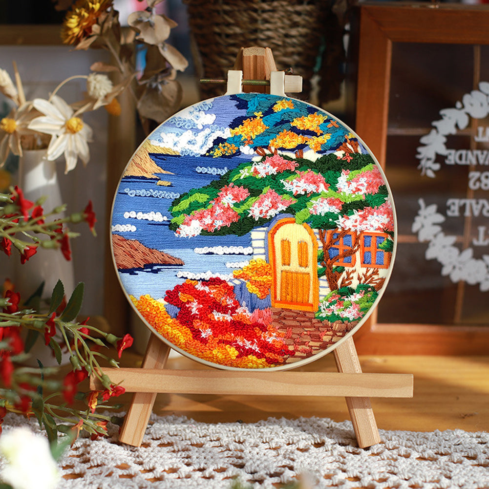 Seaside Scenery - DIY Embroidery Cross Stitch Kit with Pattern Cotton Threads Needles Hoop 30x30CM/11.81x11.81in