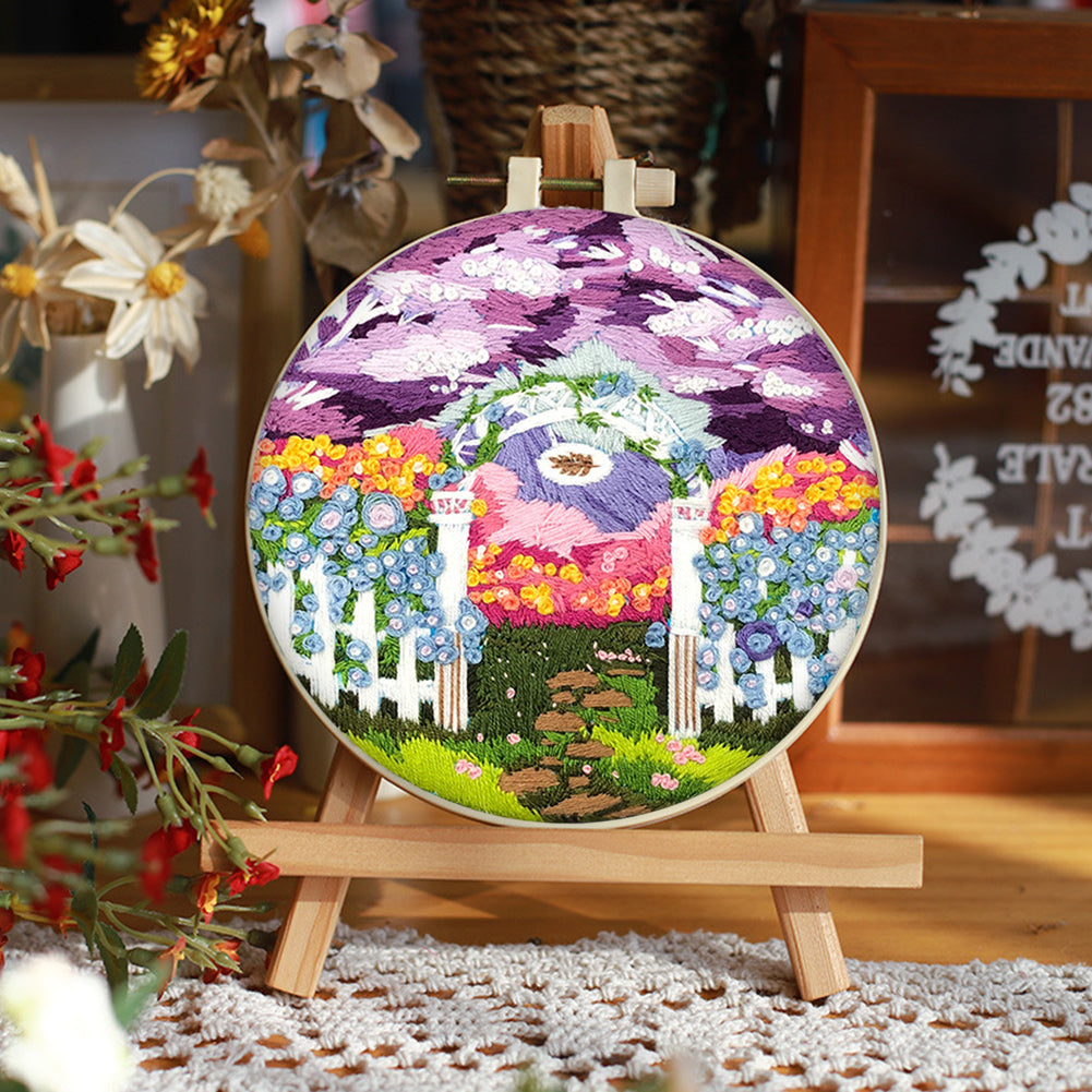 Purple Garden - DIY Embroidery Cross Stitch Kit with Pattern Cotton Threads Needles Hoop 30x30CM/11.81x11.81in